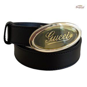Authentic GUCCI Black Calfskin Leather Gold Script Oval Buckle Belt Size 90/36